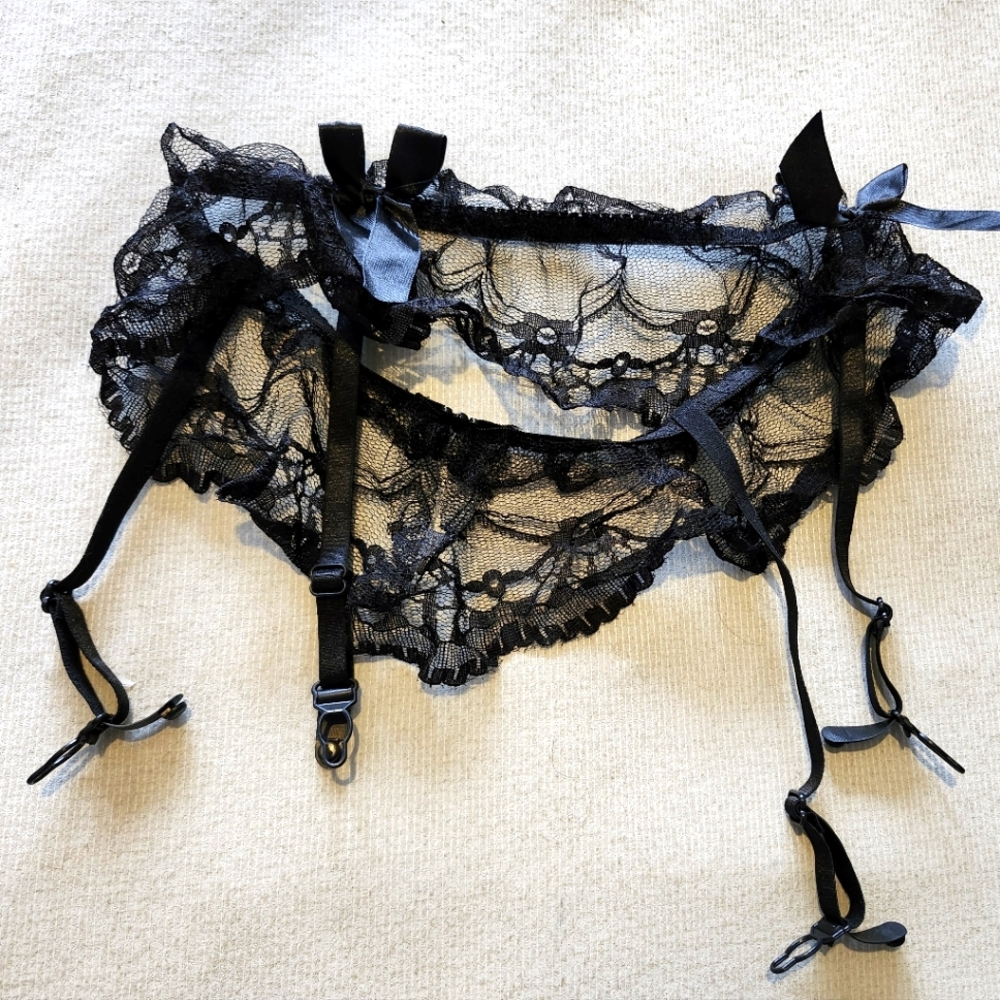 Small Black Lace Garter Belt with Black Bows Lingerie